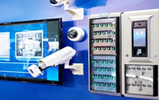 Security cameras and control panel on display